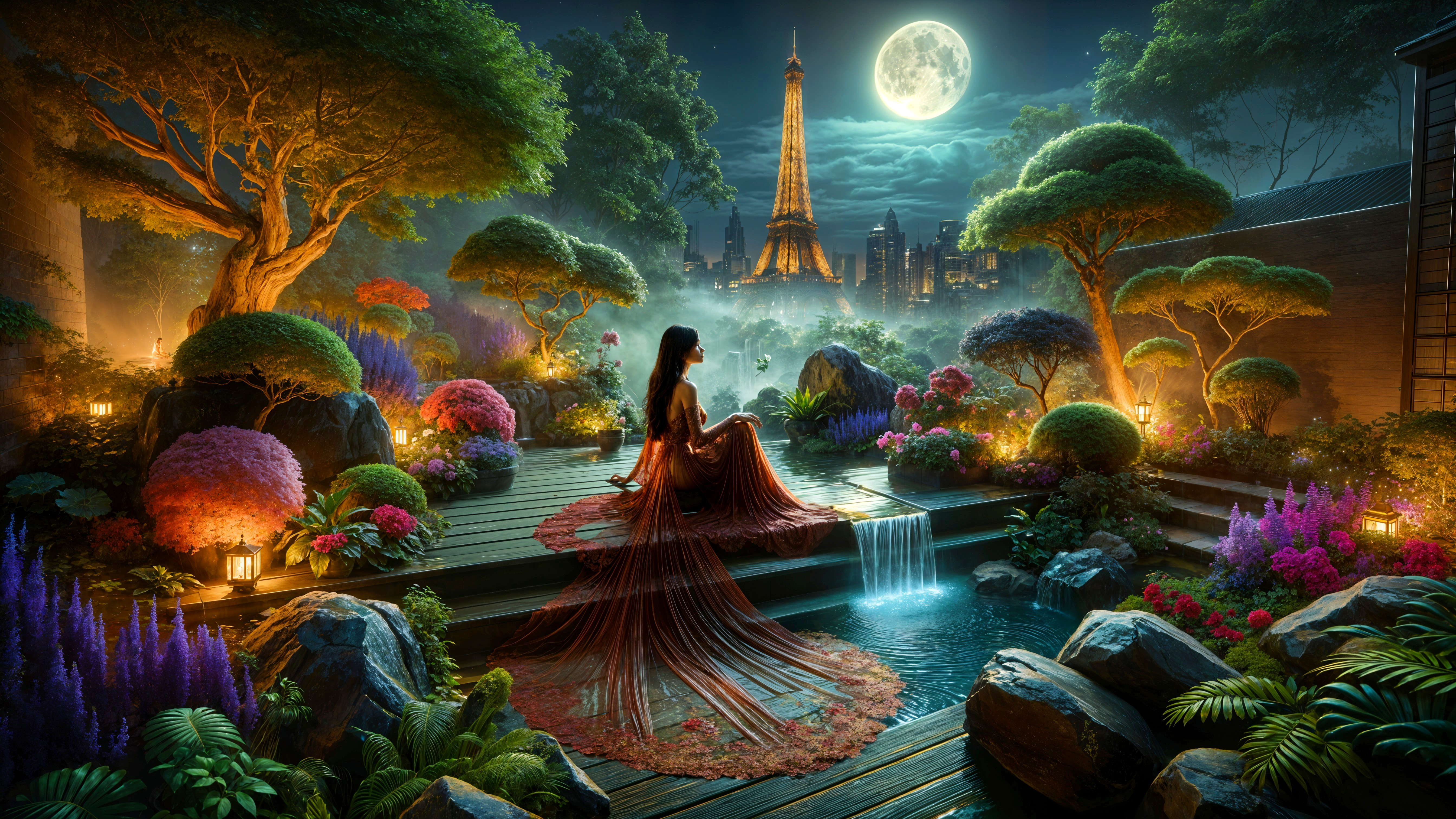 Serene garden scene with woman by tranquil stream