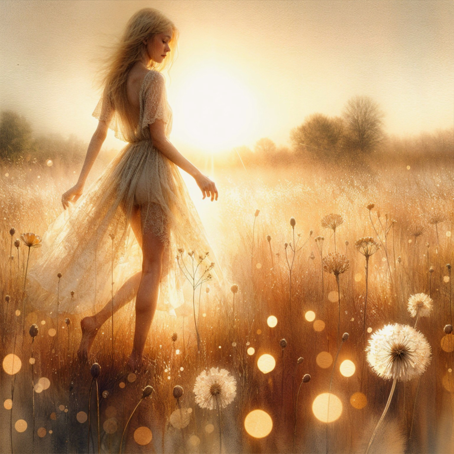 Silhouette of a Woman in a Lace Dress at Sunset