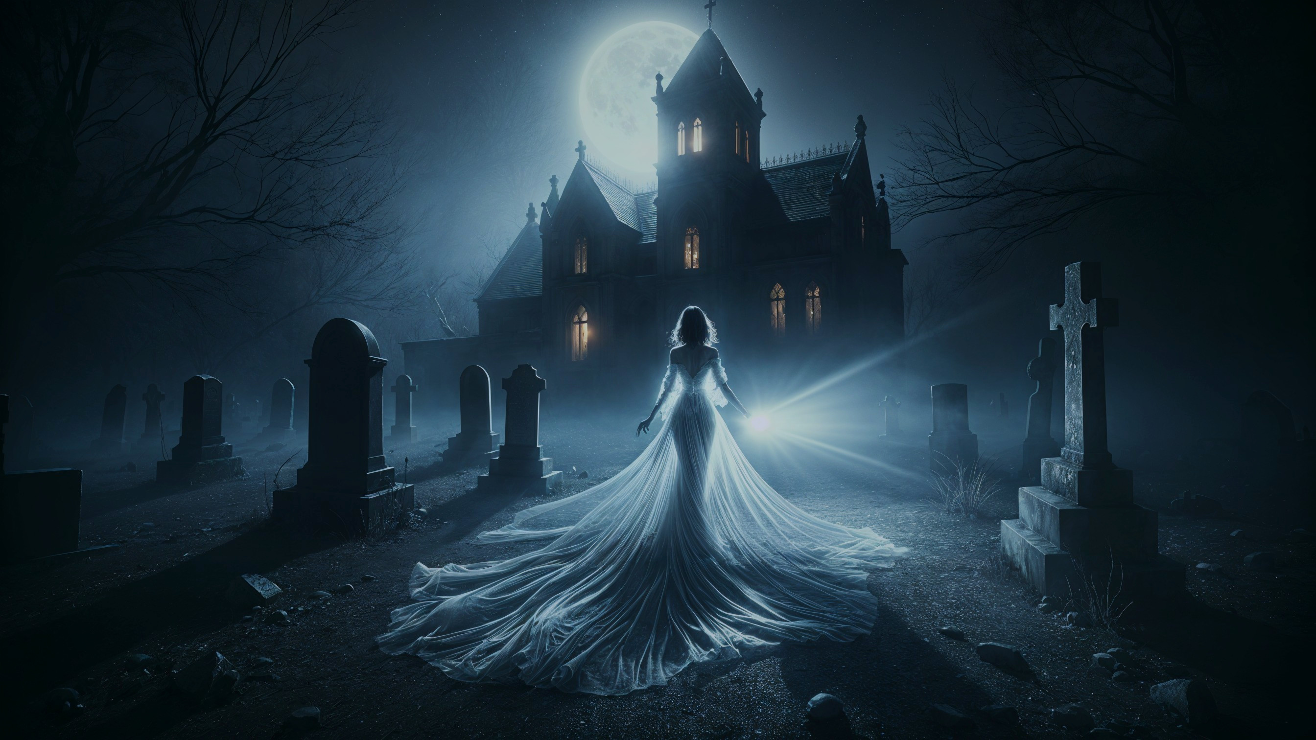 Ghostly Figure in Eerie Cemetery with Gothic Mansion