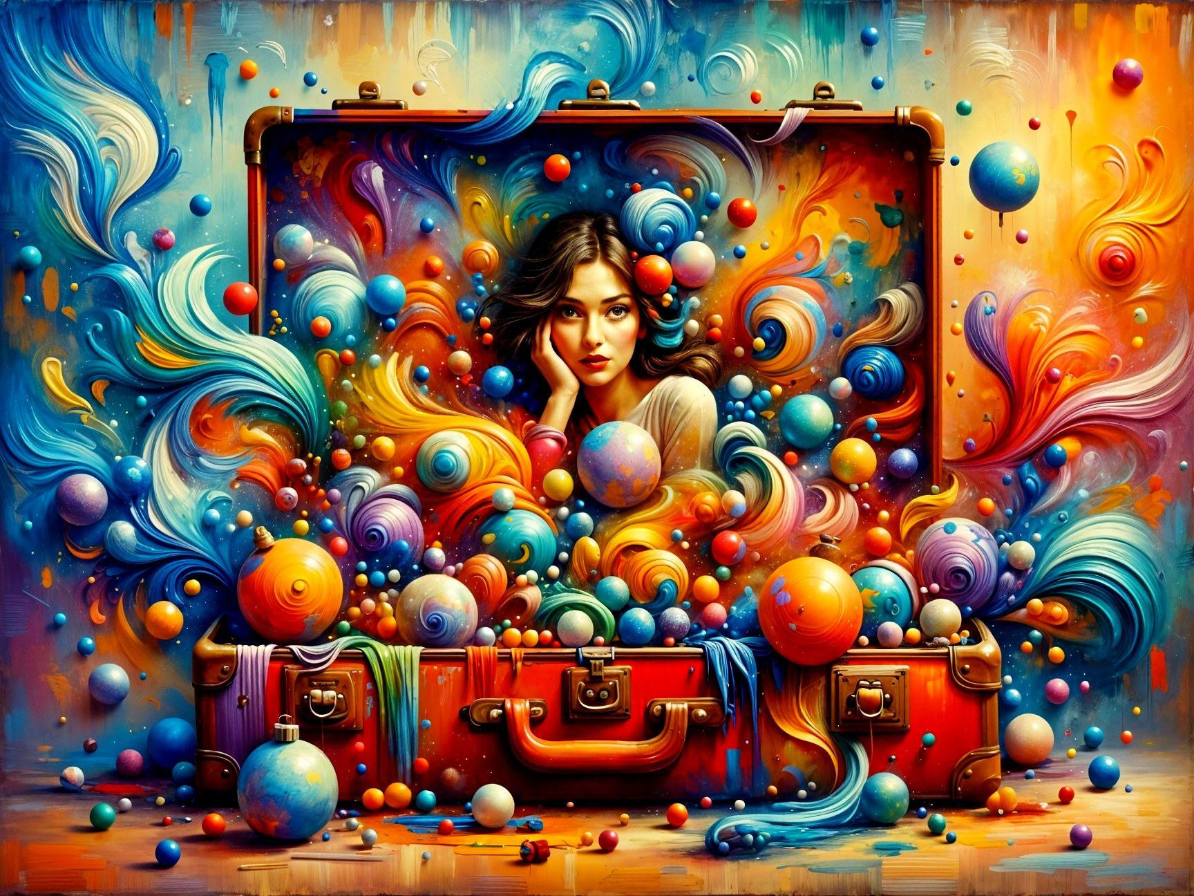 Abstract Art of Colorful Suitcase and Serene Woman