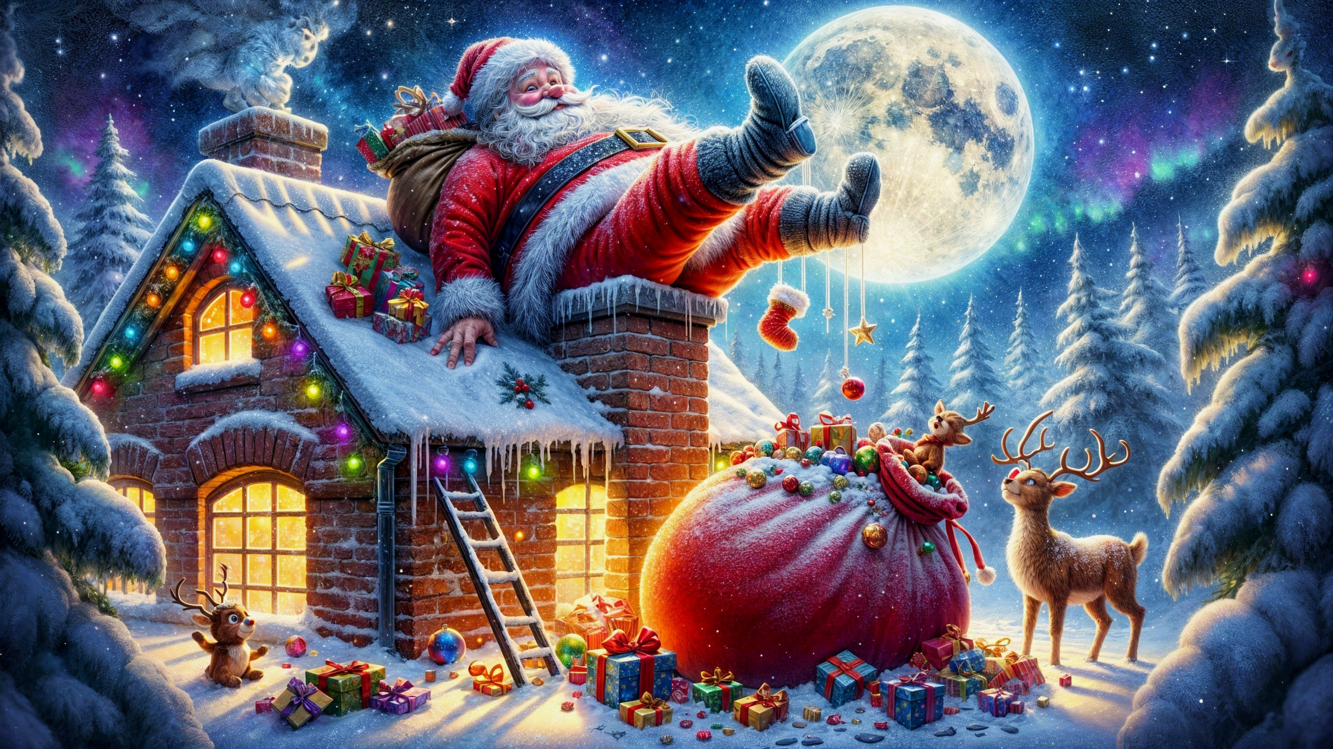 Santa Claus Stuck on Snowy Rooftop with Reindeer