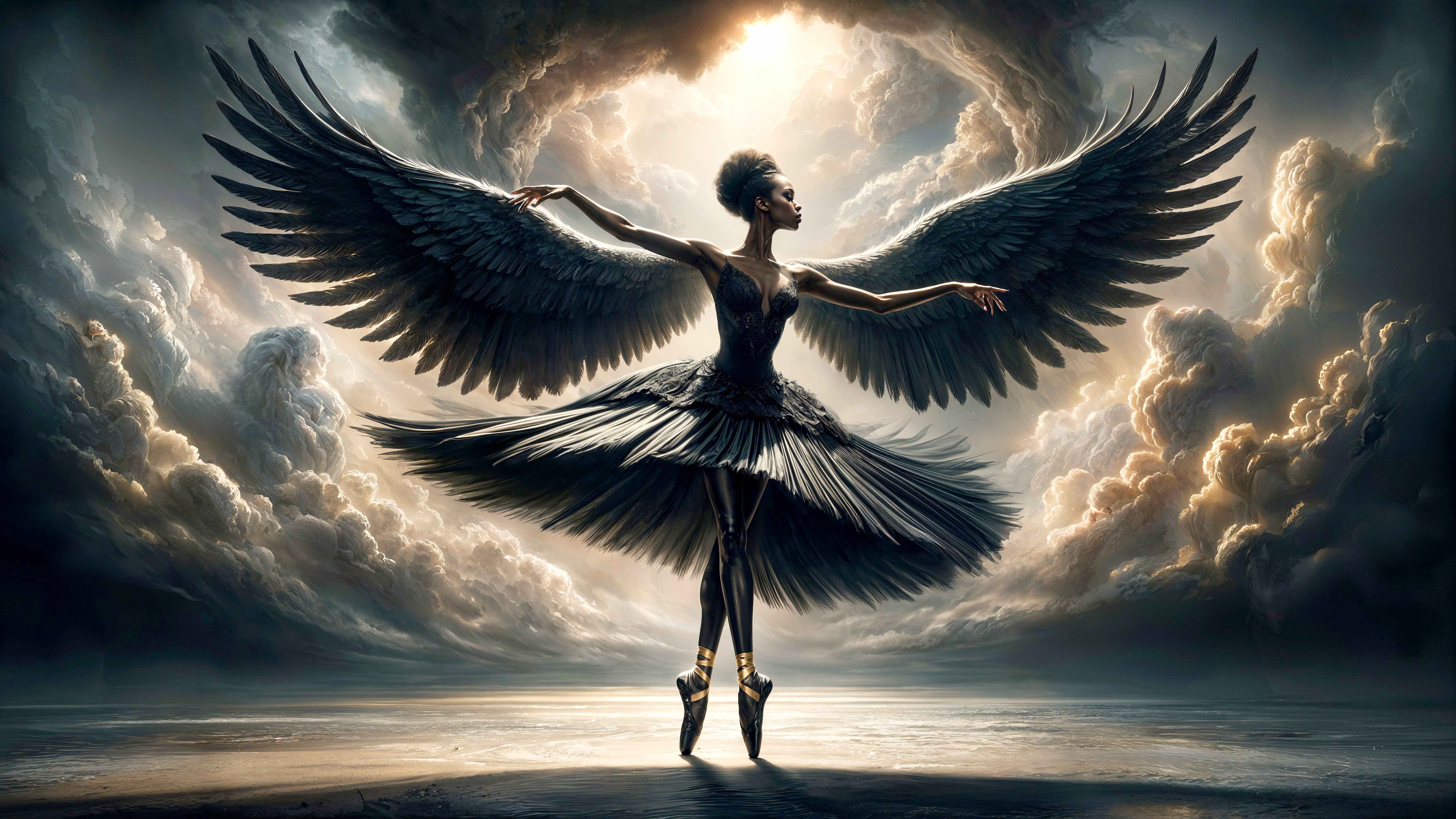 Celestial Dancer with Black Feathered Wings in Landscape