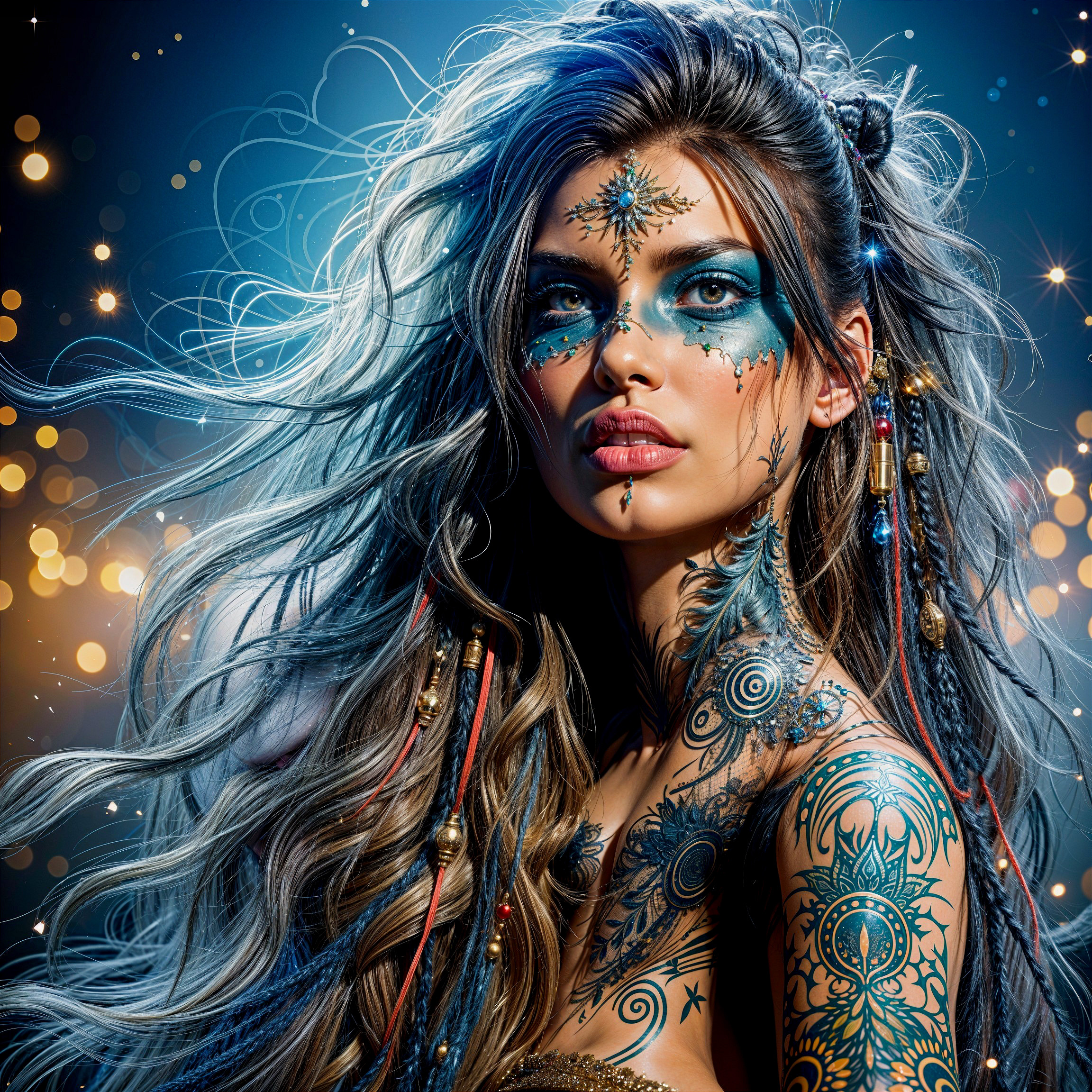 Adorned Woman with Intricate Tattoos and Blue Face Paint