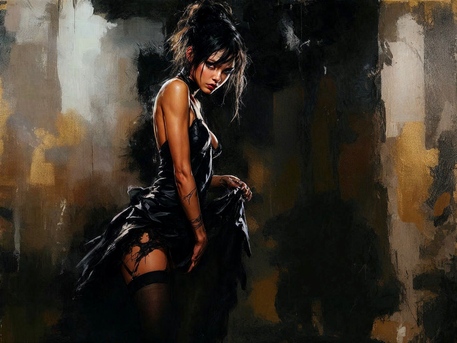 Woman in Dark Dress with Abstract Warm Background