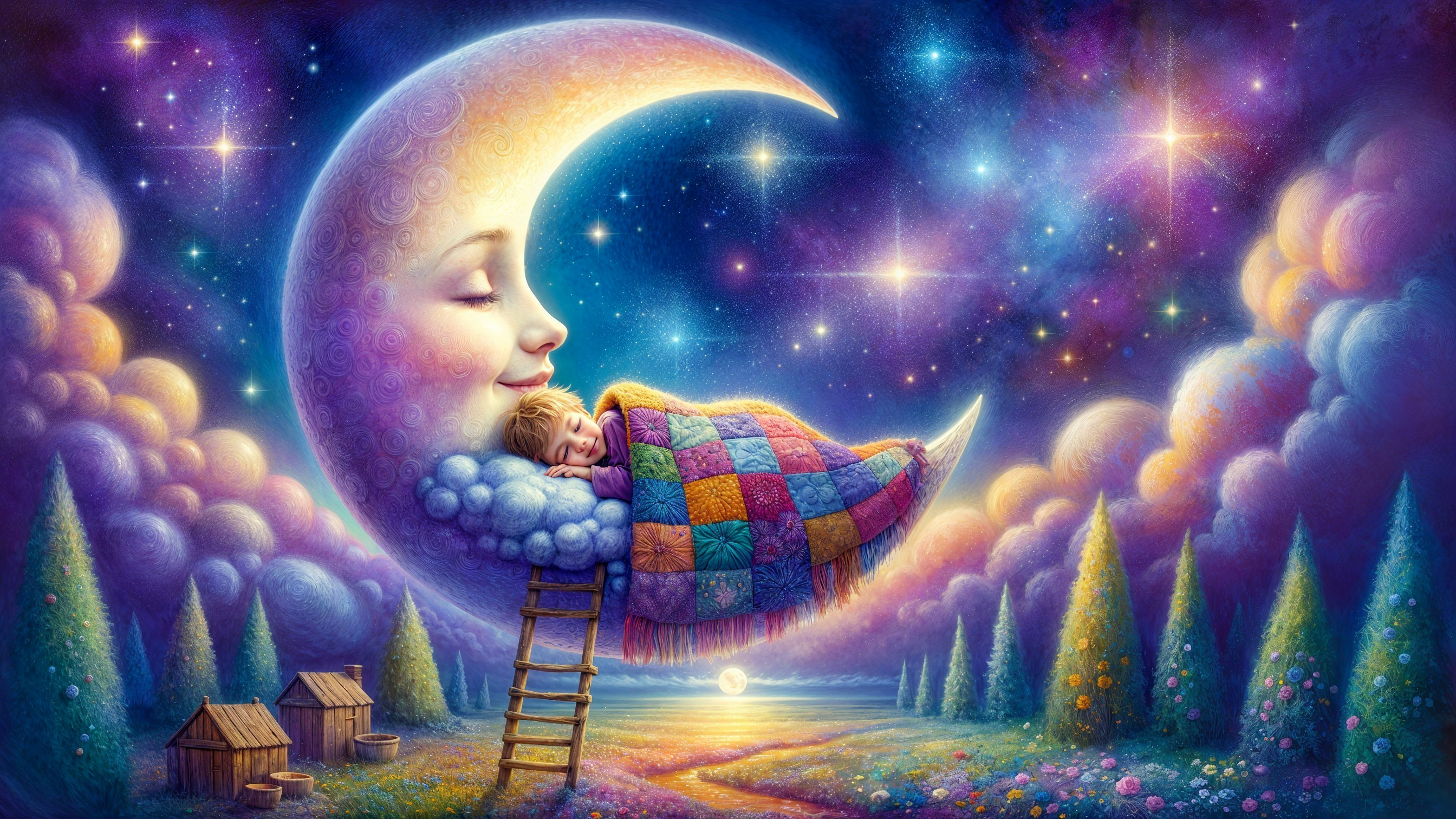 Whimsical Scene of Crescent Moon and Sleeping Child