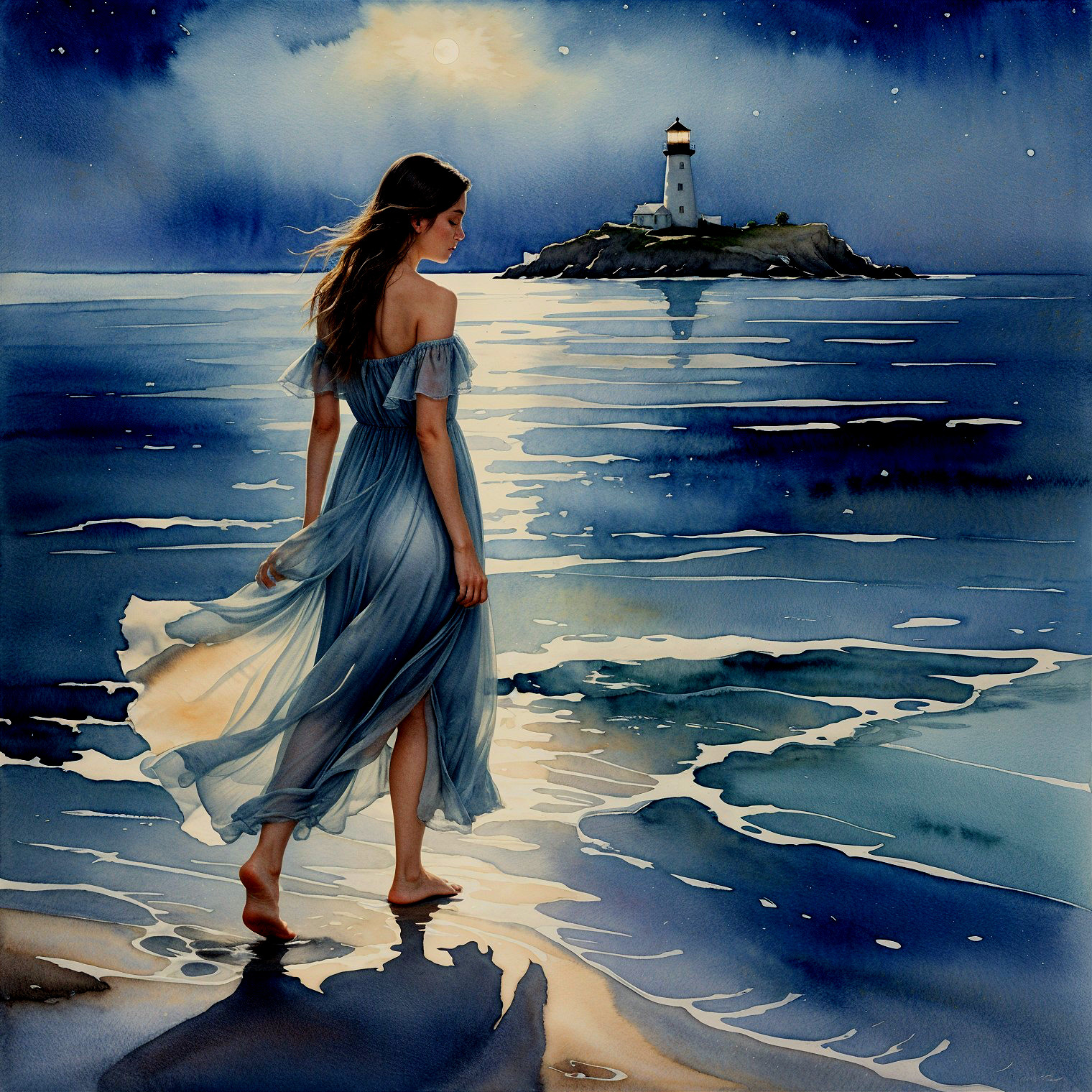 Twilight Beach Scene with Woman in Blue Dress
