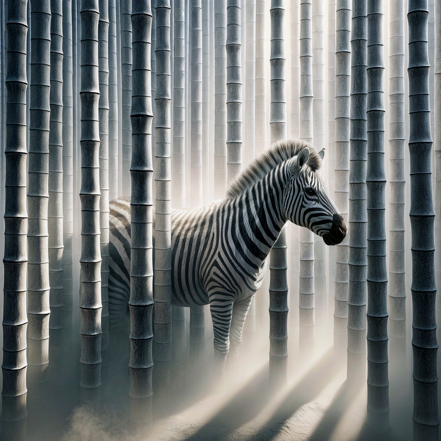 Zebra in a Misty Bamboo Forest Setting