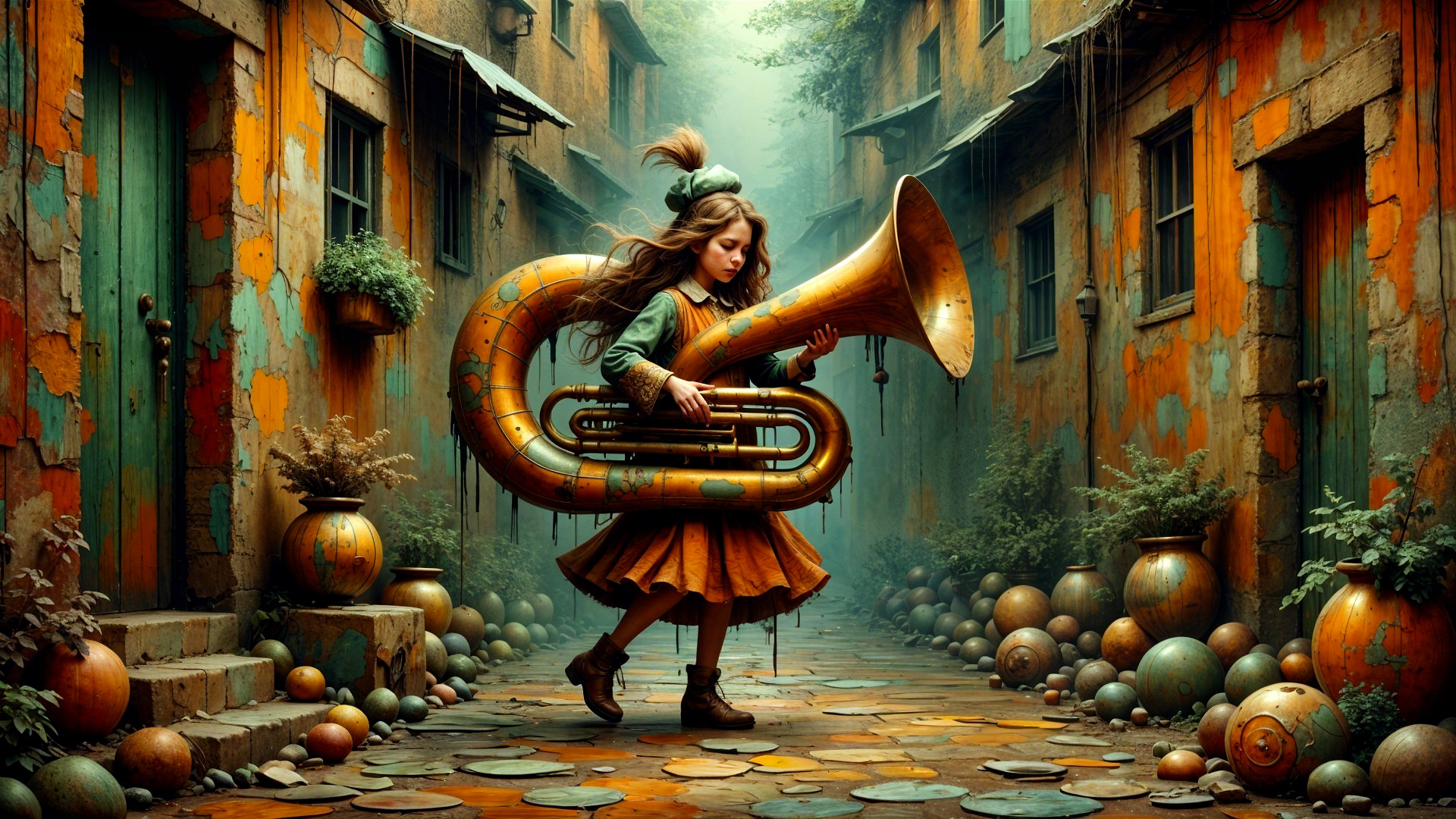 Young girl playing tuba in vibrant alleyway setting