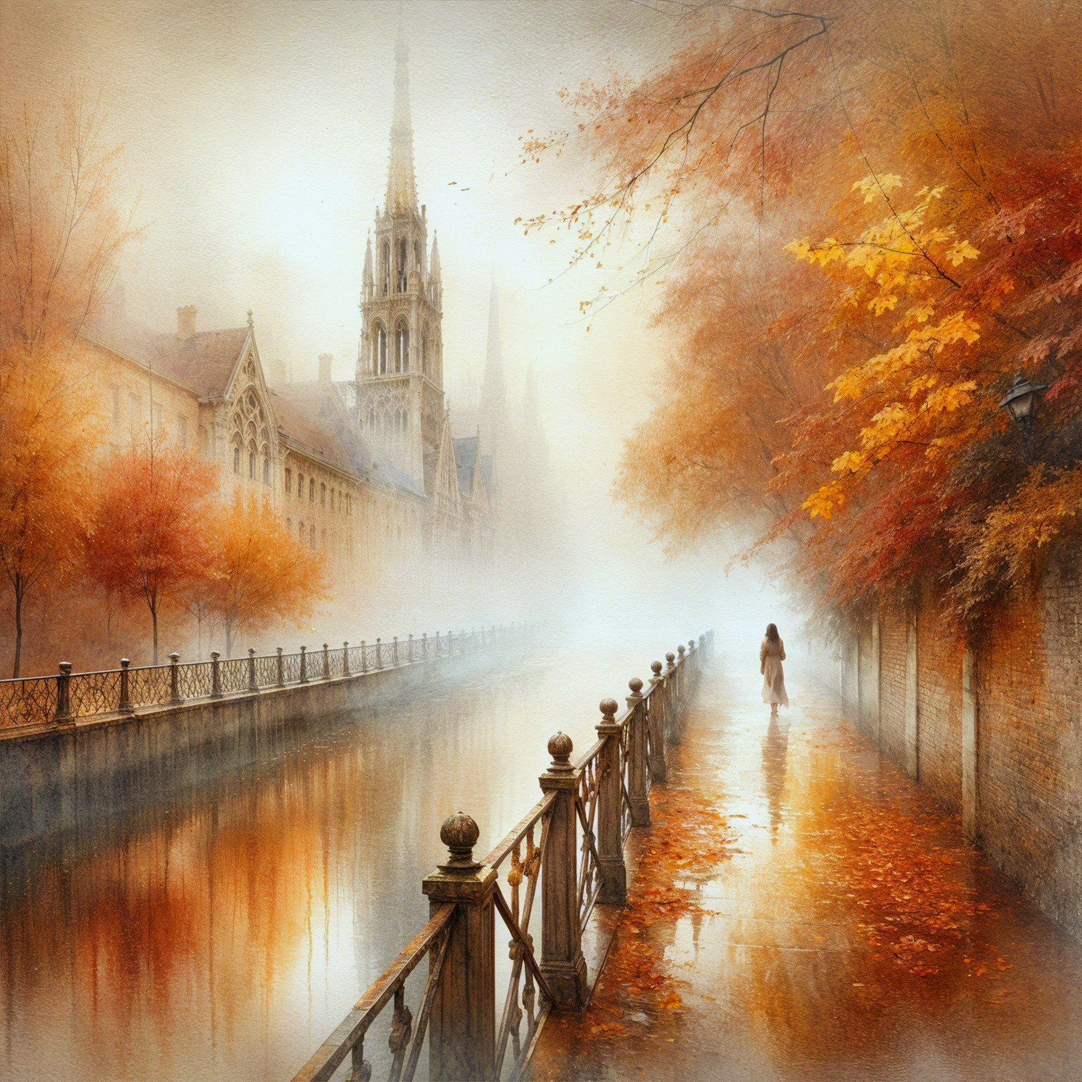 Autumn Canal Scene with Trees and Gothic Tower