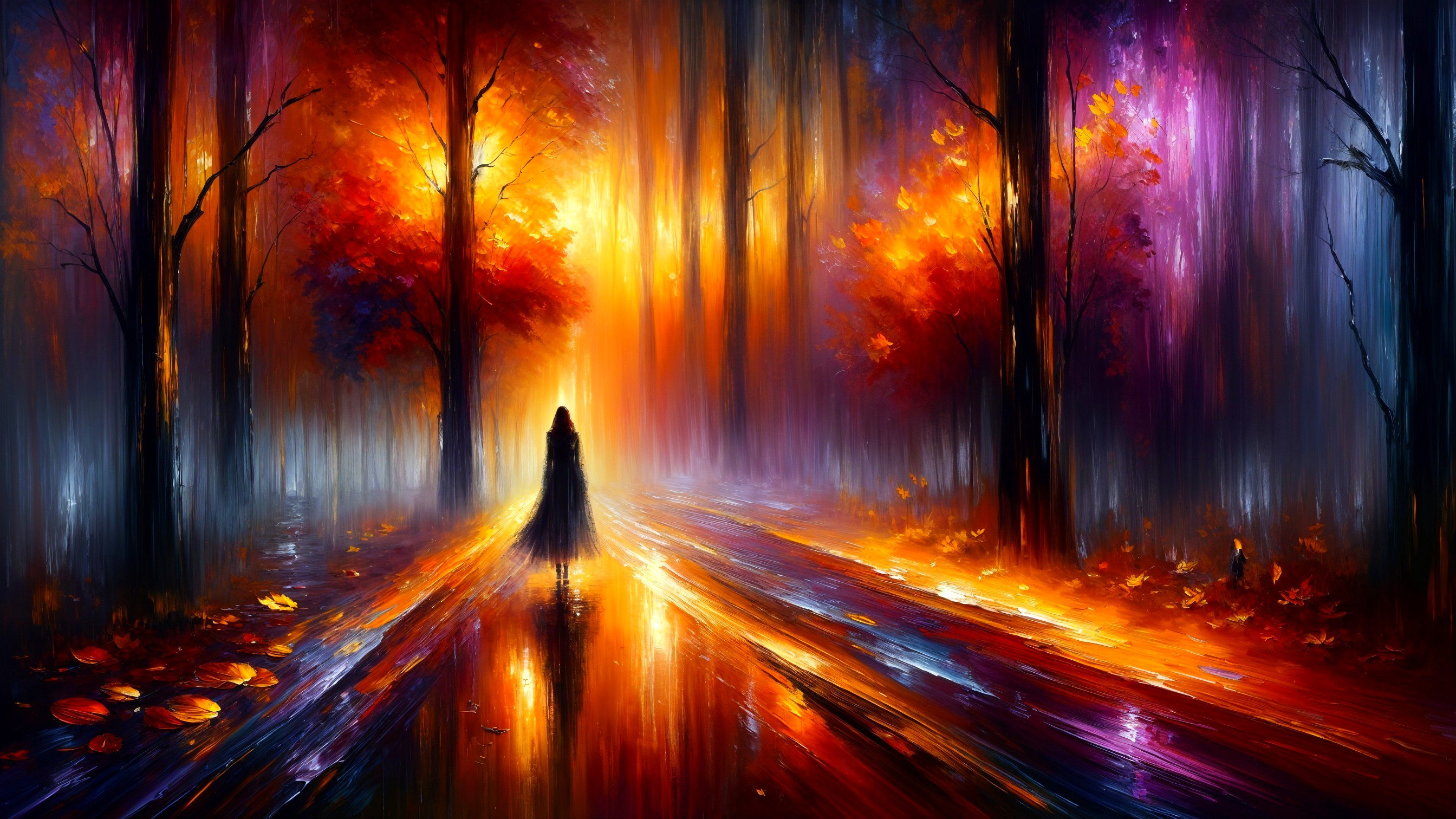 Mysterious Figure on a Vibrant Autumn Pathway