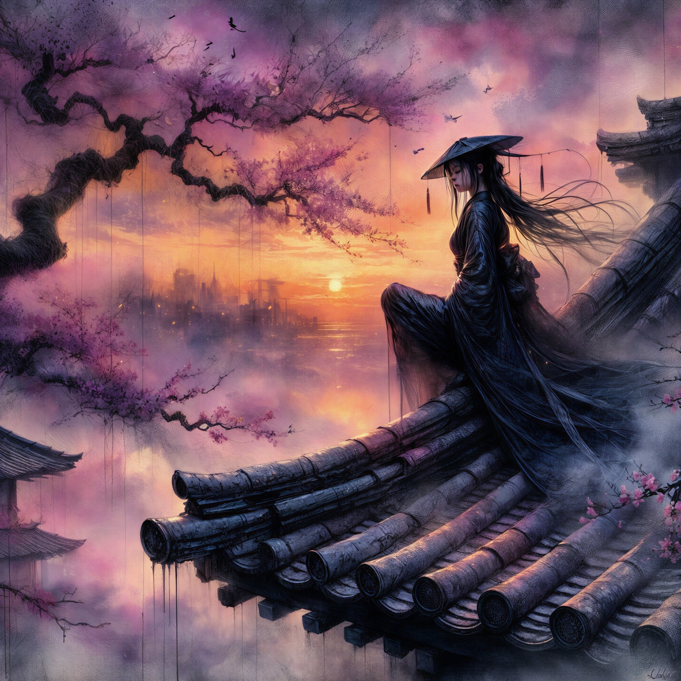 Solitary Figure in Black Kimono at Sunset Rooftop