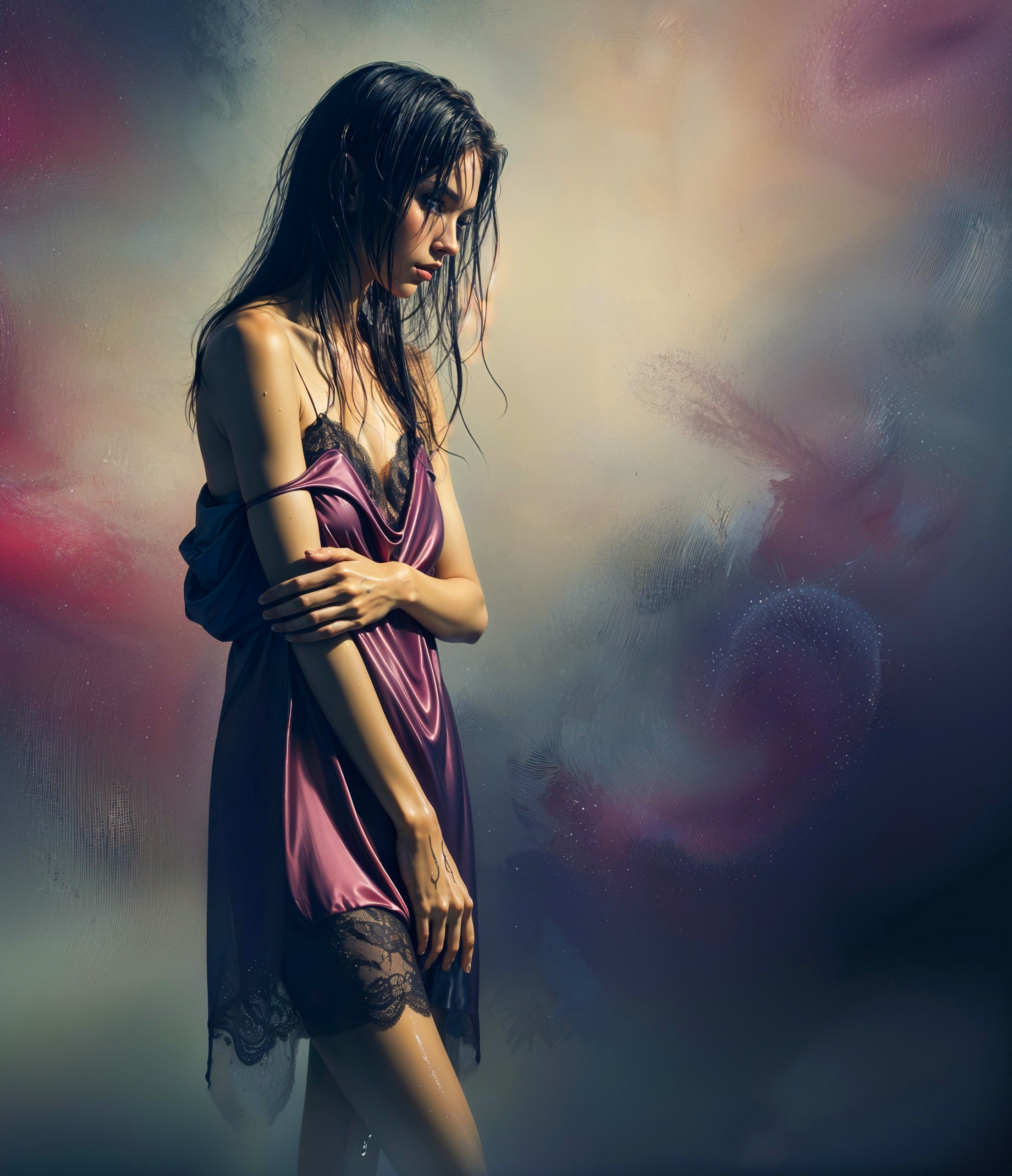 Woman in Purple Satin Gown in Ethereal Setting