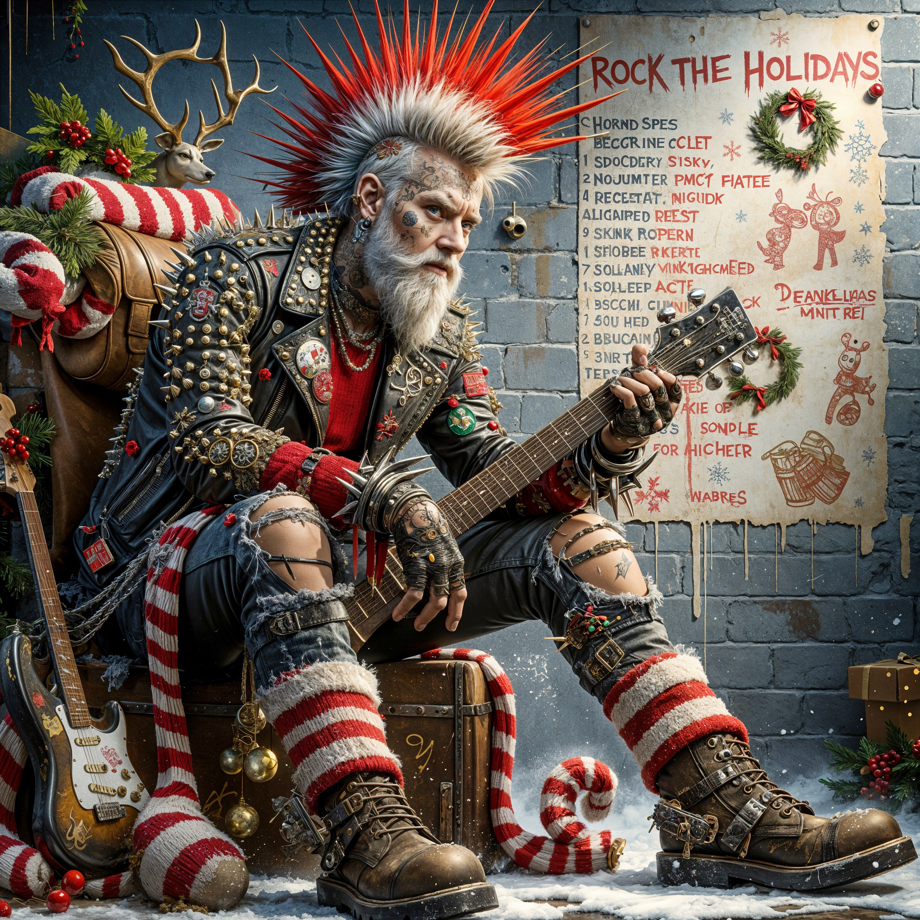 Punk Rocker with Holiday Decorations and Guitar