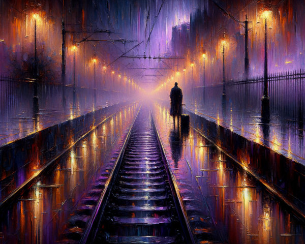 Lone figure on a rain-soaked train platform at dusk