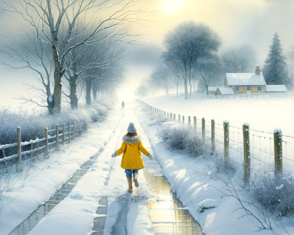 Solitary Figure in Yellow Coat in Winter Landscape