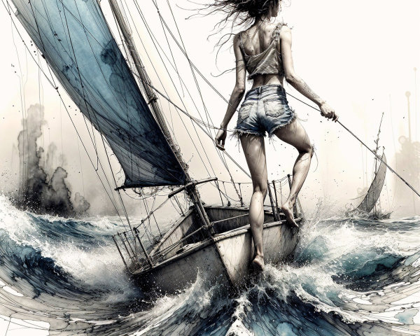 Woman on Sailboat Navigating Turbulent Waters