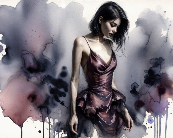 Ethereal Figure in Deep Purple Dress with Watercolor Background