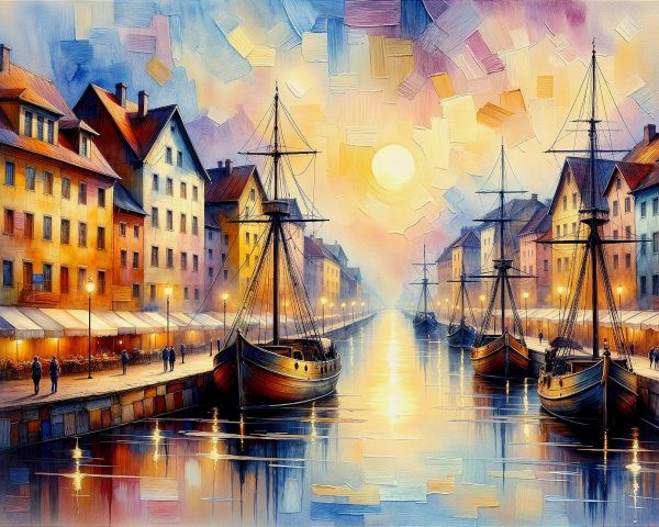 Waterfront Sunset Scene with Quaint Buildings and Boats