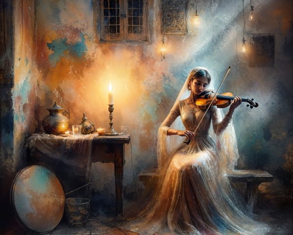 Young Woman Playing Violin in Atmospheric Room