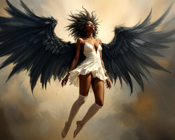 Ethereal figure with dark wings in a cloudy landscape