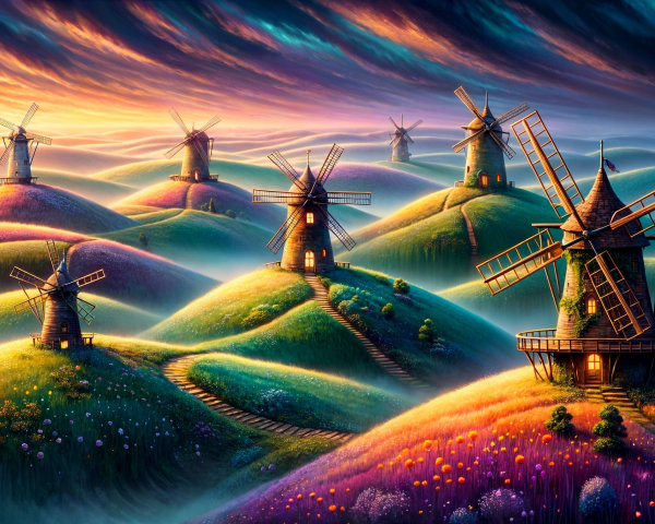 Vibrant Landscape with Hills, Wildflowers, and Windmills