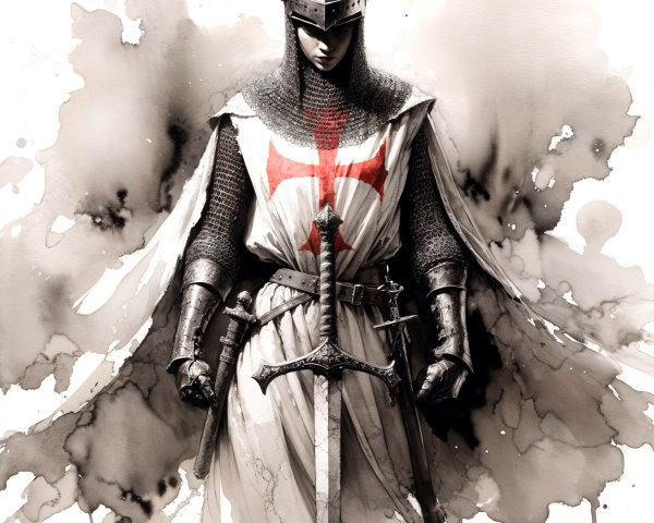 Knight in Armor with Swords and Ink Splash Background