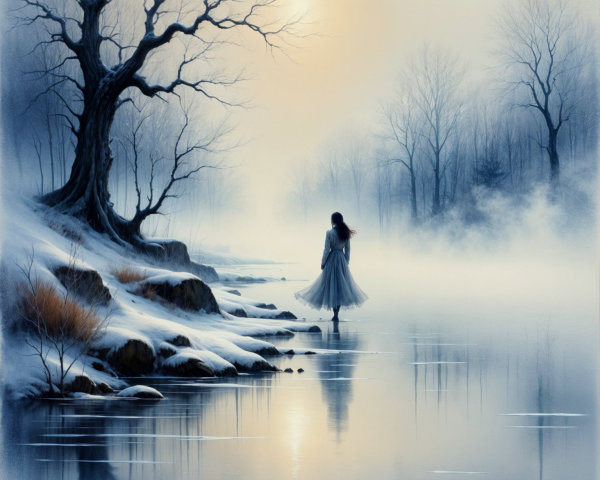 Serene Winter Landscape with Reflective River and Mist