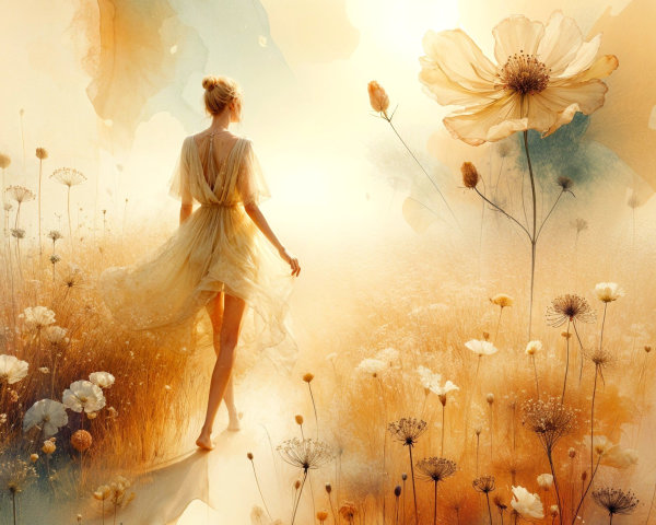 Woman in Light Dress Walking in Golden Field