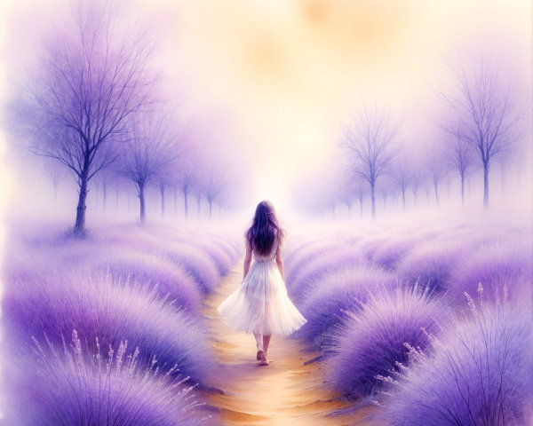 Lone Figure Walking Through Lavender Fields Pathway