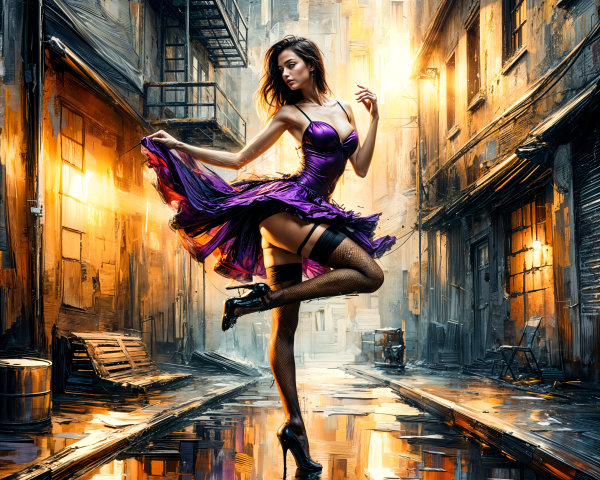 Dancer in Purple Dress Amidst Urban Alley Scene