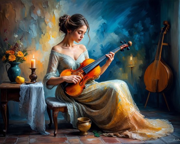 Young Woman Playing Violin in Elegant Candlelit Room