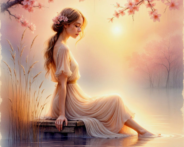 Young woman in pink gown by tranquil lake at sunset