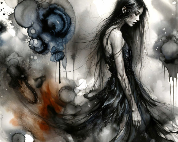 Melancholic Woman in Black Dress with Abstract Watercolors