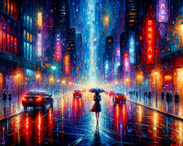 Vibrant Night Cityscape with Neon Lights and Rain
