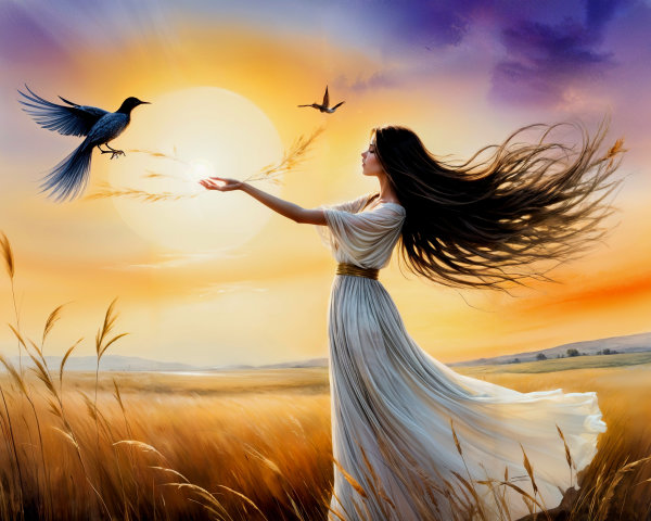 Woman in Golden Field at Sunset with Glowing Orb