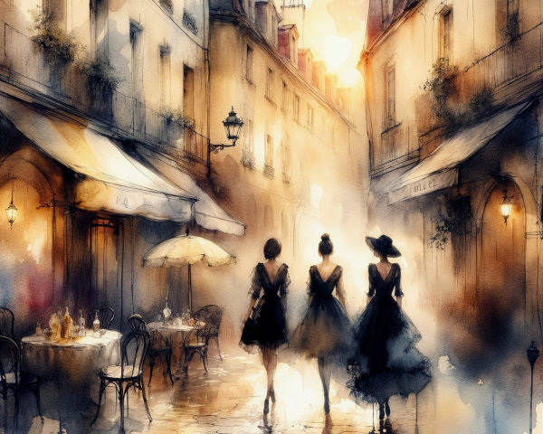 Elegant women walking on a misty European street