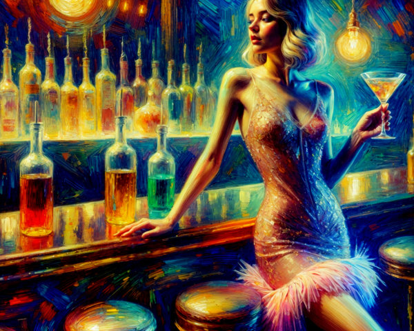 Glamorous Woman in Sparkling Dress at Vibrant Bar