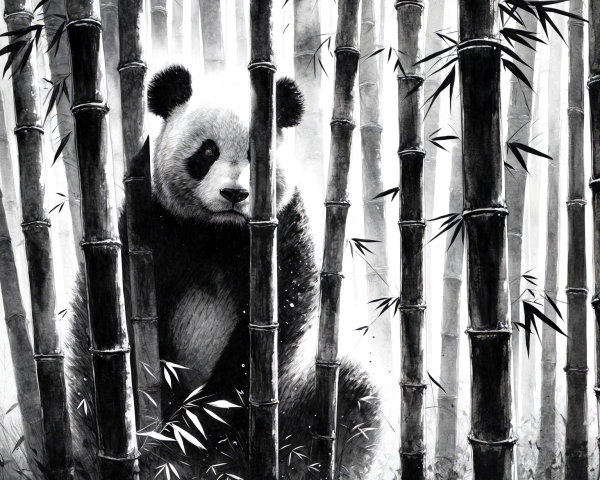 Panda Among Bamboo in a Tranquil Landscape Scene