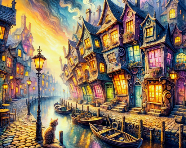 Whimsical Riverside Scene with Colorful Houses and Boats