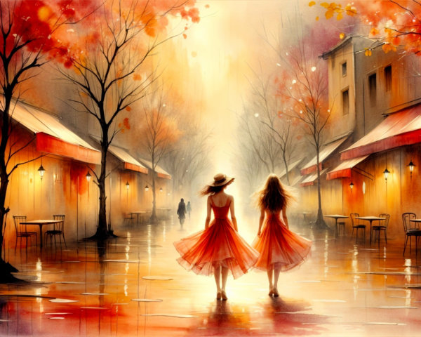 Women in Red Dresses on Lantern-Lit Street in Autumn