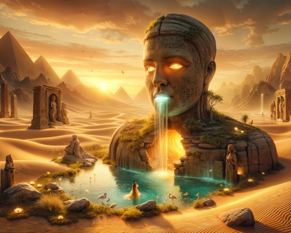 Colossal Statue in Surreal Desert Landscape at Sunset