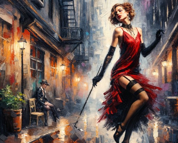 Glamorous Woman in Red Dress Dances in Alley
