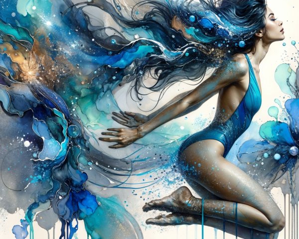 Dynamic Artwork of Woman in Blue Swimsuit in Motion