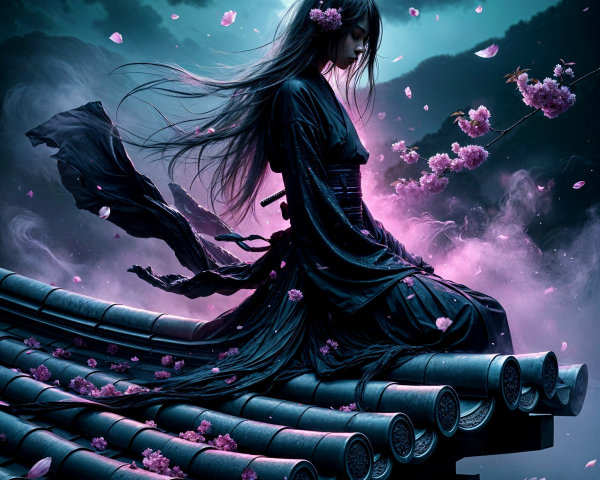 Mysterious Figure in Black Kimono on Rooftop at Night