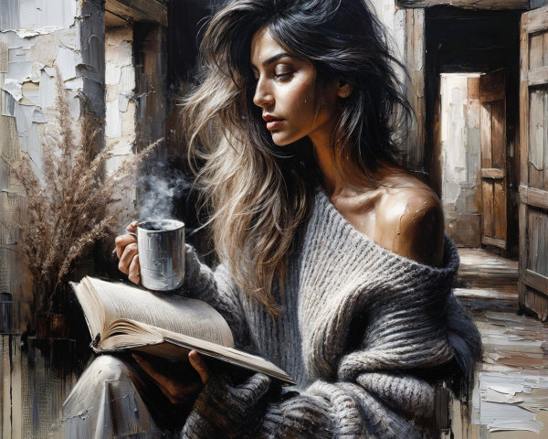 Serene Woman in Rustic Room with Book and Mug
