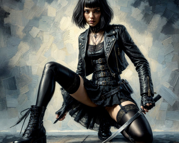 Confident Female Figure in Leather Jacket and Skirt