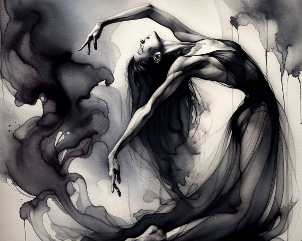 Ethereal Dancer Amidst Flowing Inky Brushstrokes