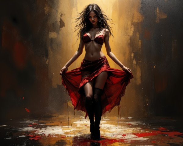 Confident Figure in Dark Space with Red Outfit