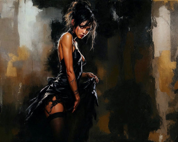 Woman in Dark Dress with Abstract Warm Background