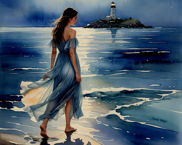 Twilight Beach Scene with Woman in Blue Dress